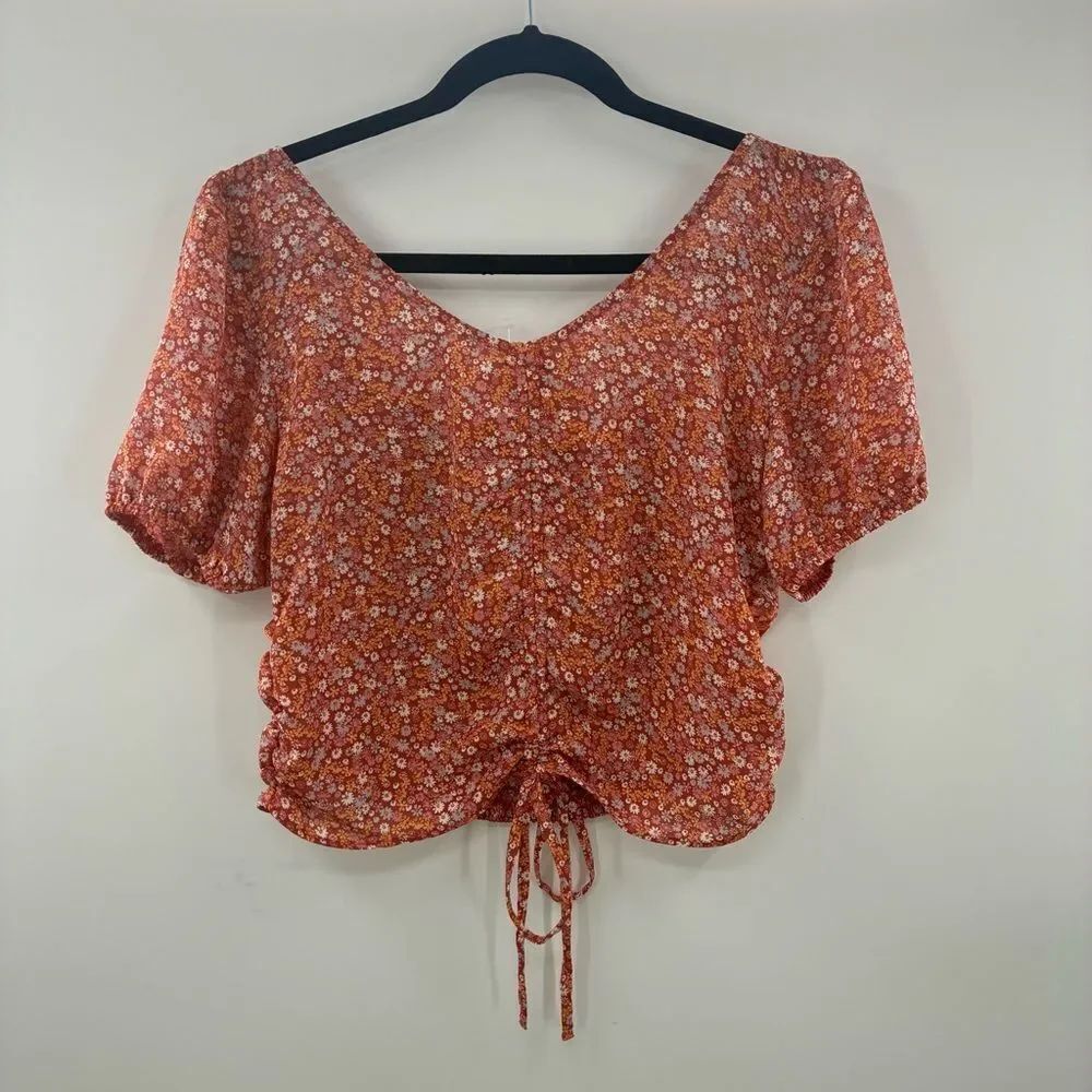 3For$20 Moa Moa Women's Rust Floral Drawstring V-Neck Top size: Large